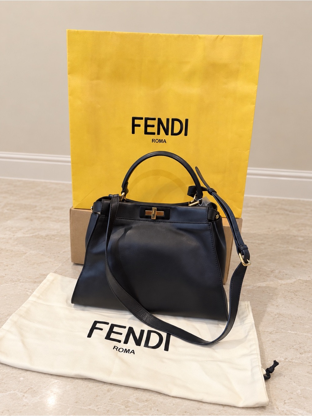 Fendi medium Black Top Handle Peekaboo with shopping bag & Dust Bag & COA